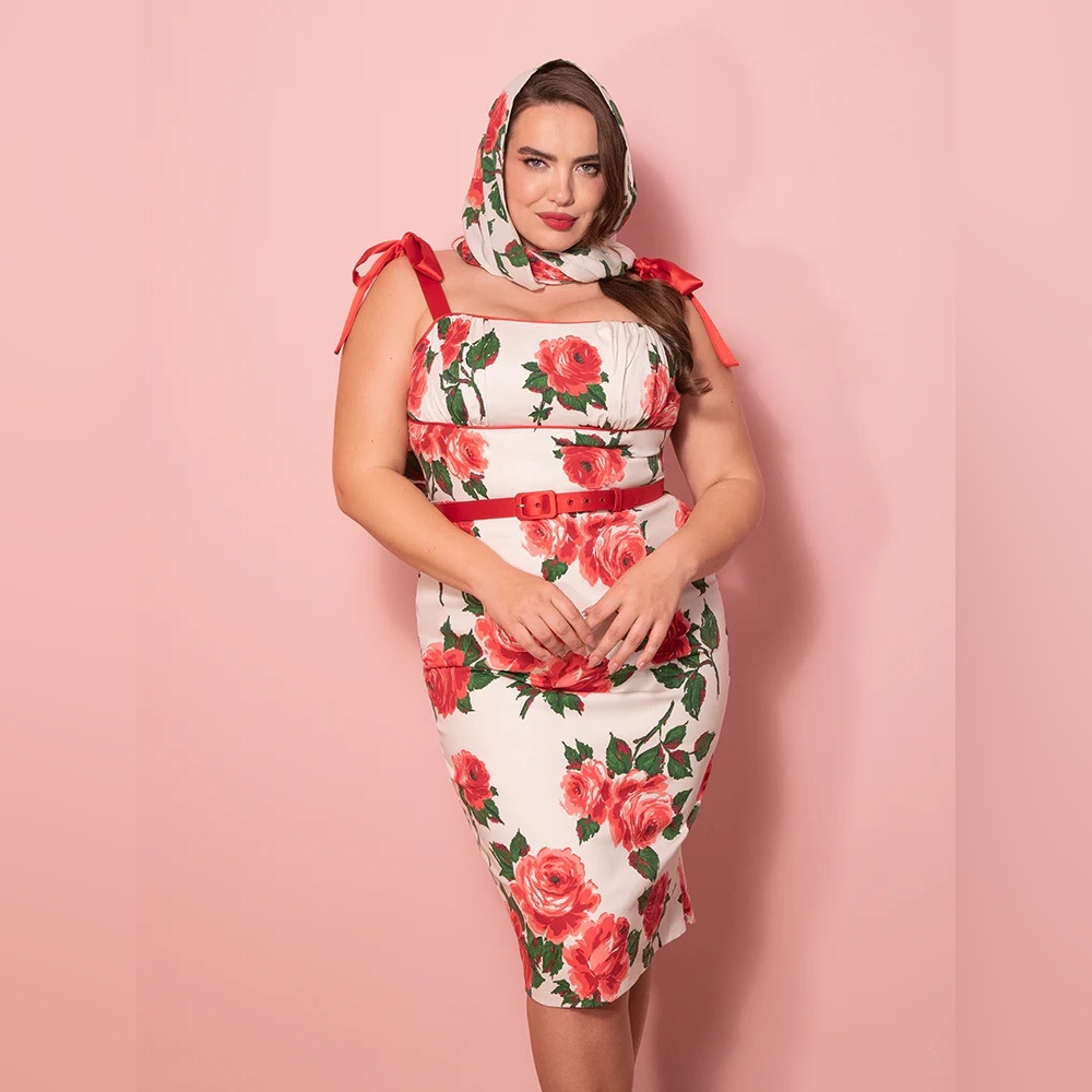 50s Wiggle Sundress + Scarf in Red Roses Size M - Vixen by Micheline Pitt